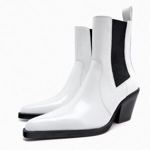 Zara White Heeled Leather Ankle Boots